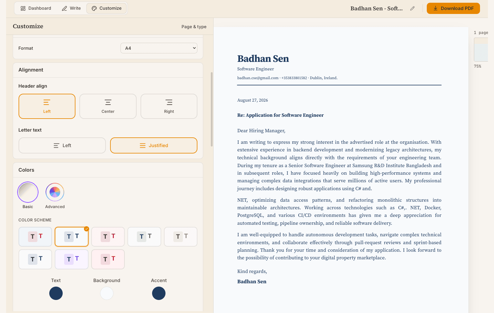 The same builder in cover letter mode: alignment and colour controls on the left, the letter rendering on the right.