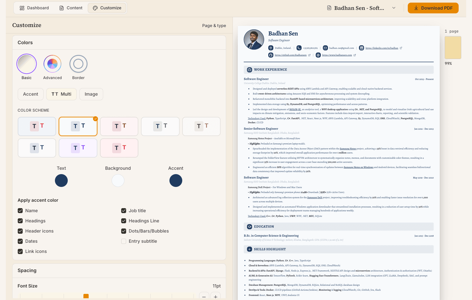 The FastCV builder: the customize panel on the left, a live A4 résumé rendering on the right.